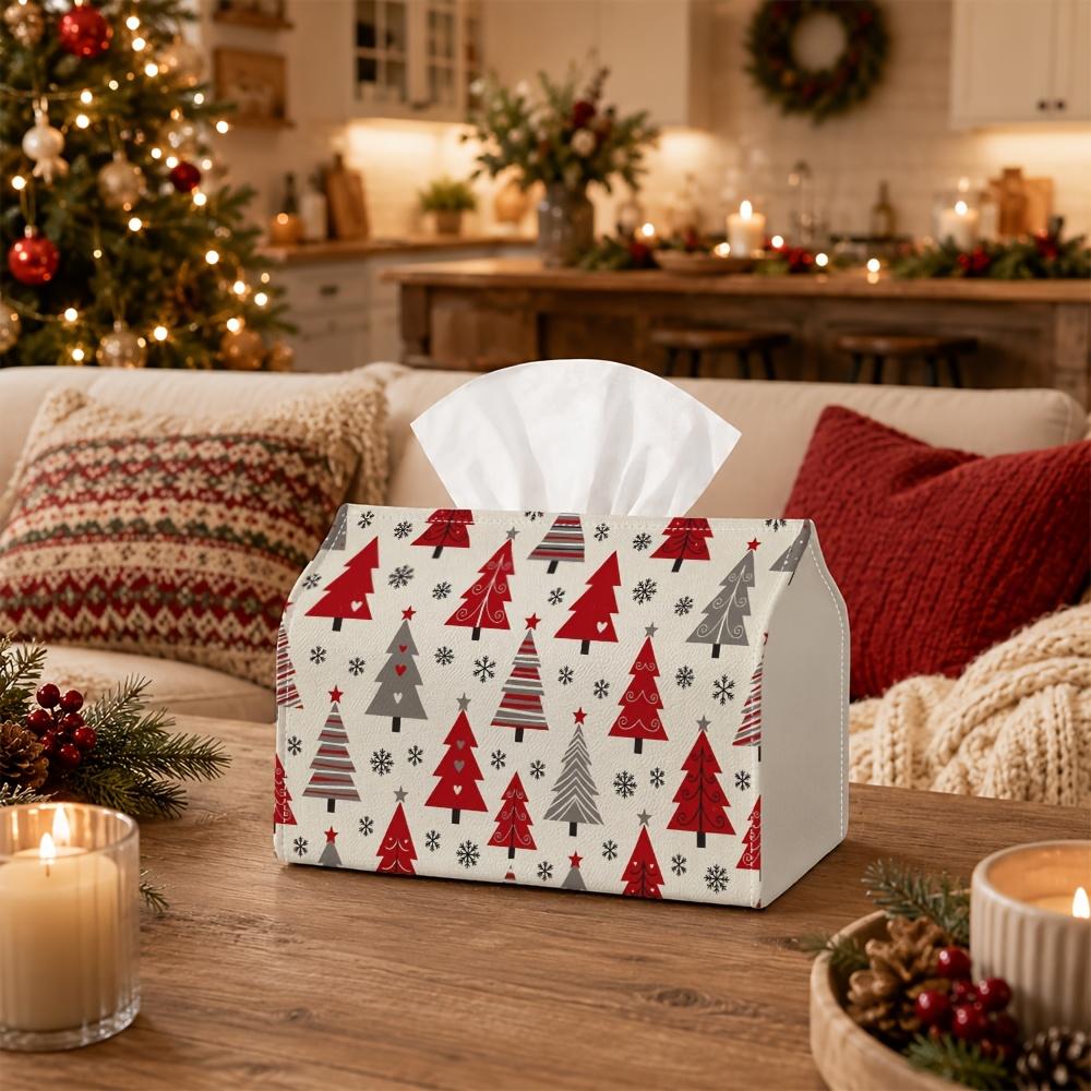 1pc Nordic Christmas Tissue Box Holder Cover Suitable for Kitchen, Living Room, Bedroom, Bathroom - Abstract Fir Tree Geometric Design with Scandinavi
