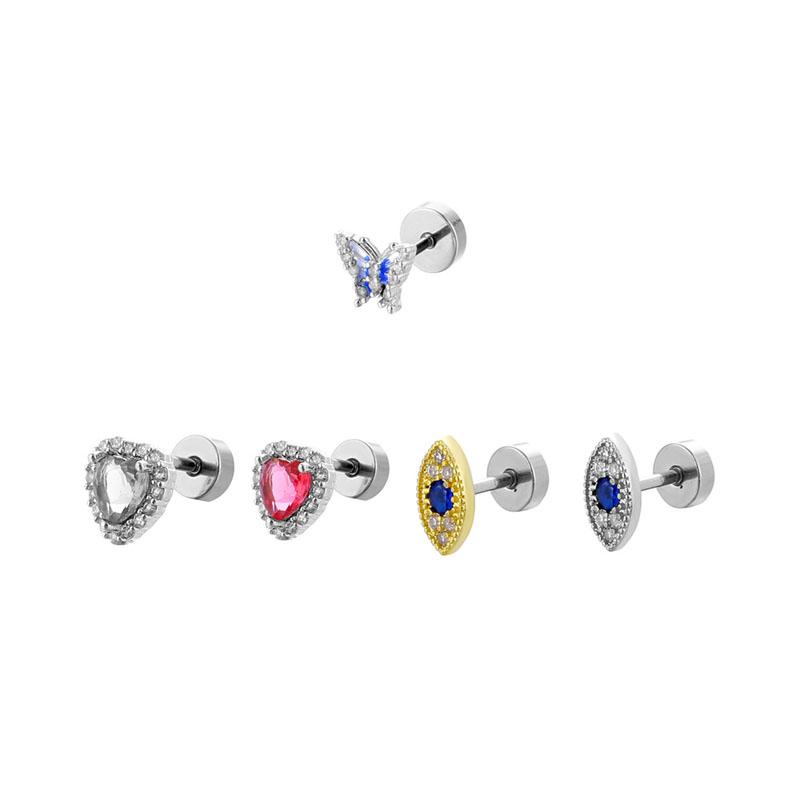 Light Luxury Zircon Heart Eyes Screw Earrings Stainless Steel Small Barbell Style Stud Ear Jewelry Party Gifts For Women Girls