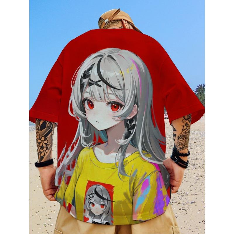 Nova camiseta casual masculina com estampa de beleza bidimensional impressa em 3D, manga curta, moda de rua, estampa de anime, top de gola redonda