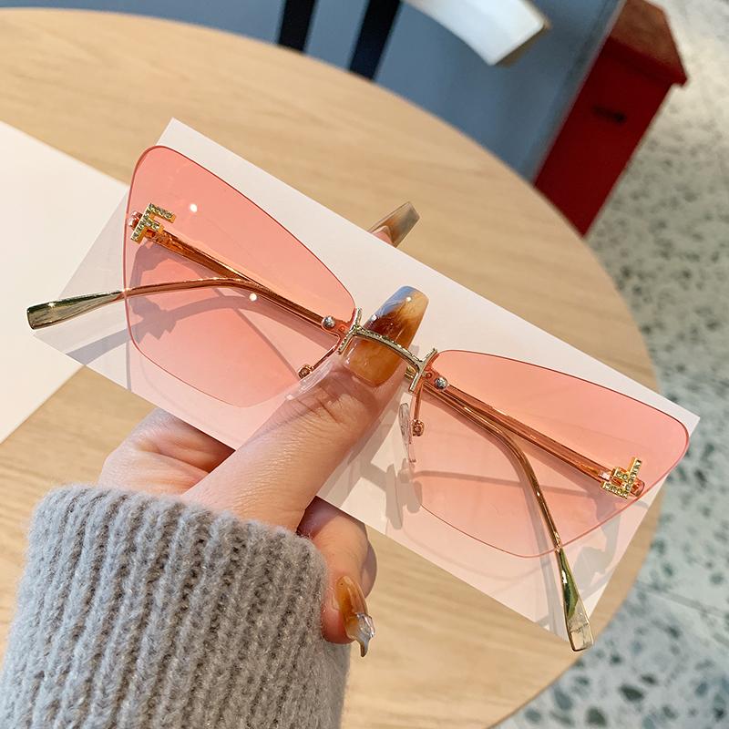New Letter F Diamond-set Sunglasses Women High-end Frameless Edge-cut Cat Eye Metal Sunglasses 90317