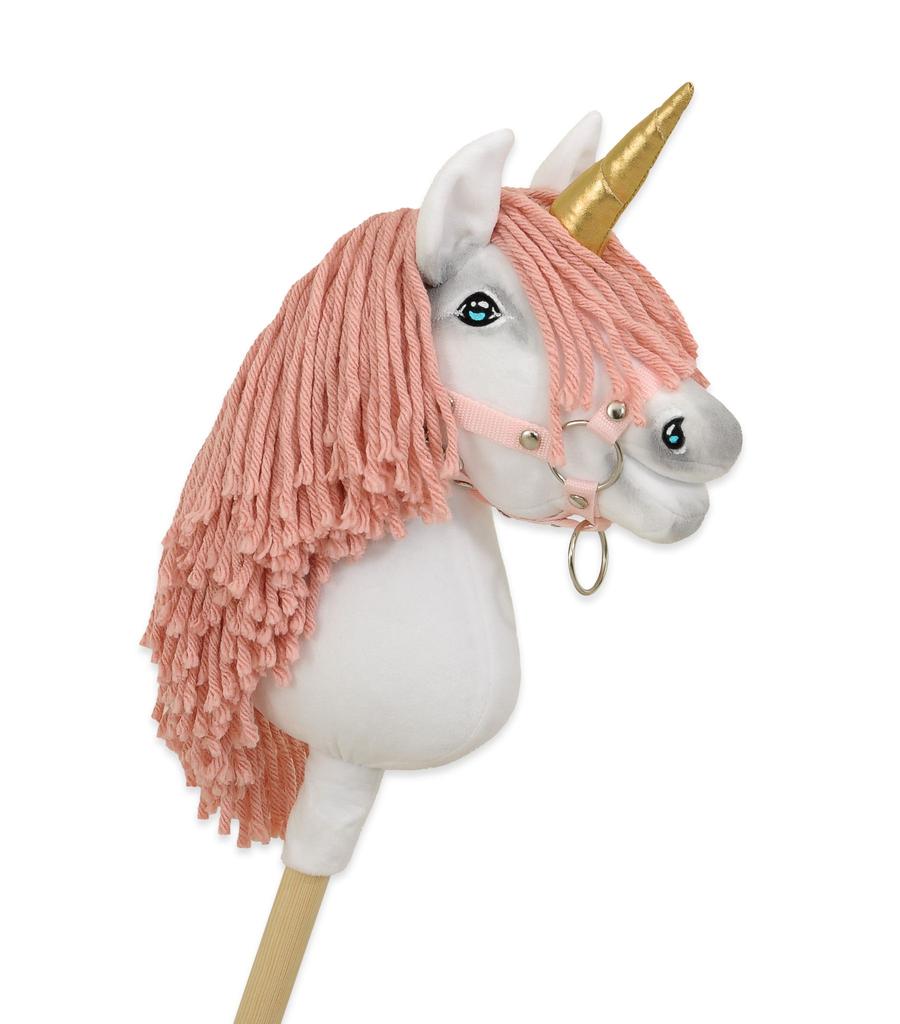 Hobby Horse Unicorn on a stick, small white, with a dusty pink mane and a golden horn