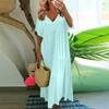 Women's Summer Fashion V-neck Solid Color Large Size Loose Long Large Swing Short-sleeved Dress