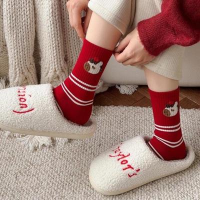 Cute Striped Cartoon Red Color Pony Mid Socks Kawaii Year Of The Horse Versatile Mid Length Autumn Winter Thick Warm Socks