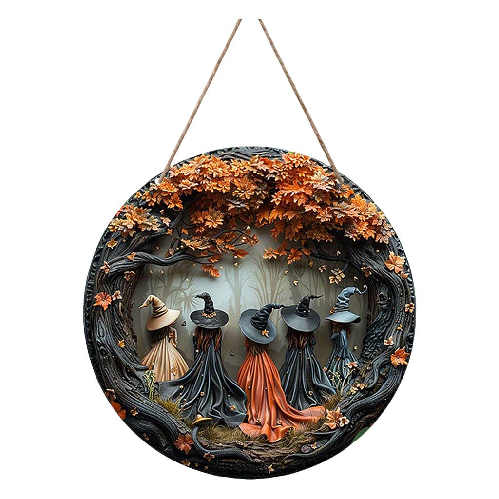 Halloween Wooden Witch Hanger Decoration, 5 Witches Exquisite Round Hanging Pendant For Porch, Wall