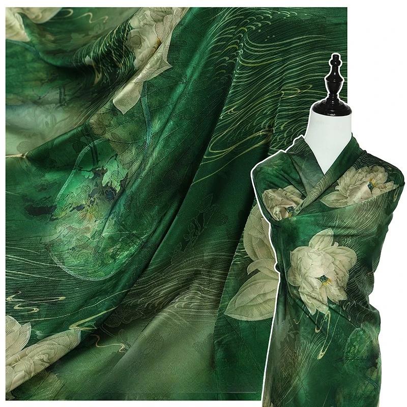 

Traditional Style 100x150cm Chinese Landscape Painting Fabric Print Silk Stretch Satin Fabric for Lady Vintage Cheongsam 100x150cm