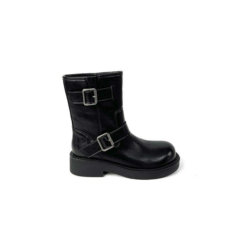 Cowhide~ Maillard Boots Retro Leather Medium Boots Women's Belt Buckle Short Boots Thick-soled Martin Boots Thin Boots