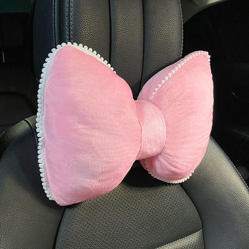 Comfortable Soft Pink Plush Car Headrest Lumbar Support Cartoon Bowknot Car Waist Neck Pillow Car Interior Decoration For Winter