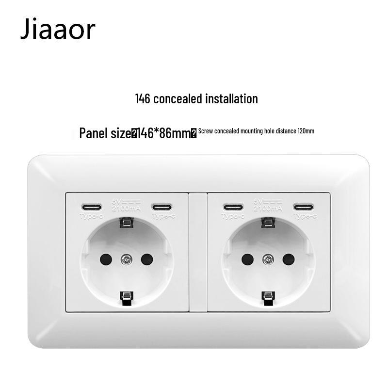 16A White German-Style Double Gang Wall Socket Panel with USB & Type C, European Standard.