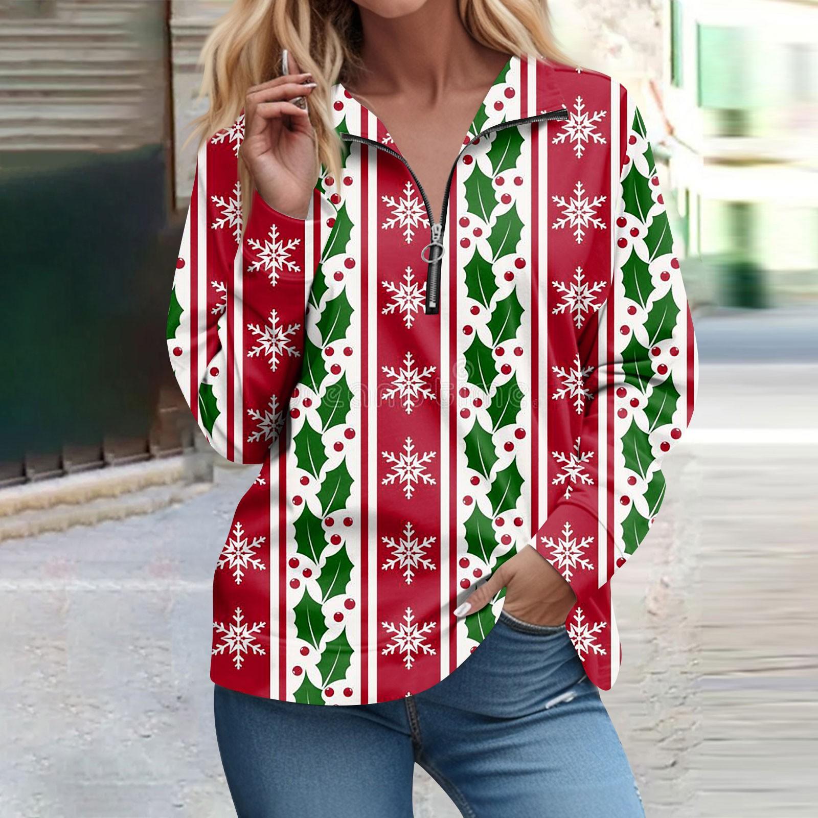 

Long Sleeve Zipper Shirts For Women Christmas Printing Graphic Tees Blouses Casual Tops Pullover XL