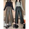 2024 Autumn/Winter Women's Casual Retro PU Leather Wide-Leg Pants - Petite Straight/Cropped Style
