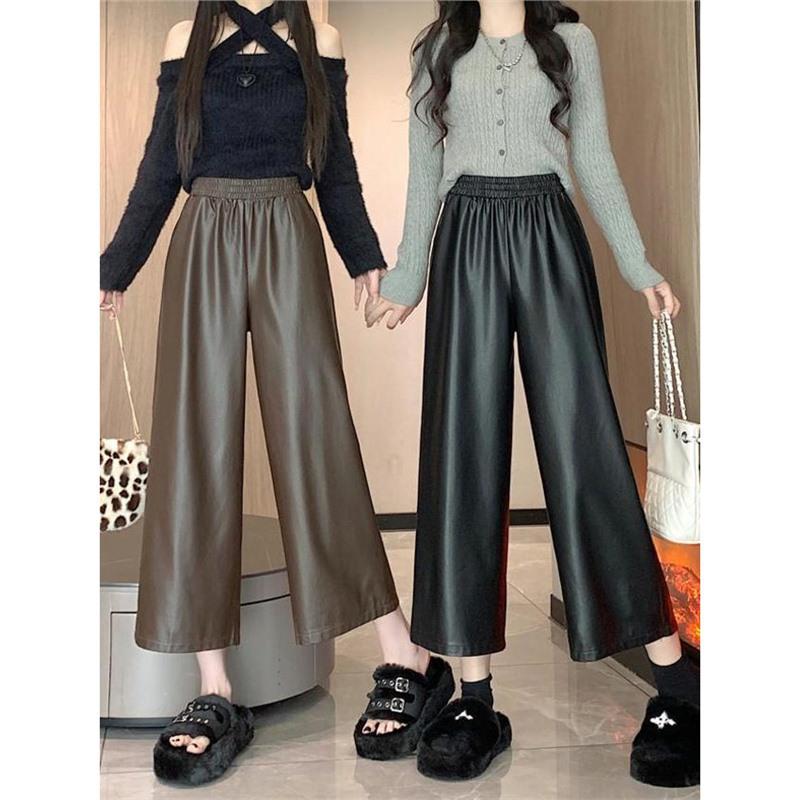 2024 Autumn/Winter Women's Casual Retro PU Leather Wide-Leg Pants - Petite Straight/Cropped Style