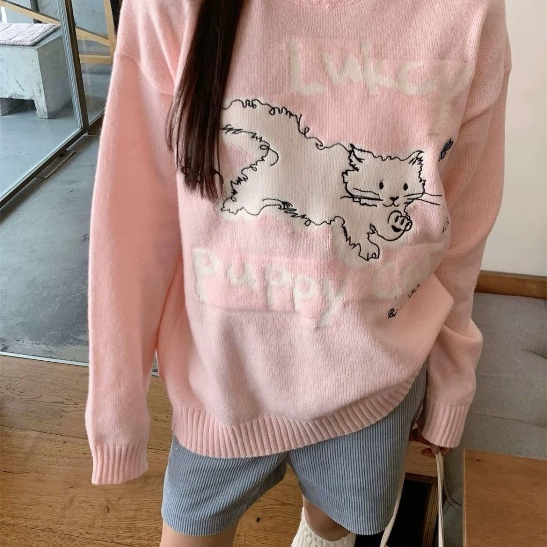

Женский милый серый свитер с жаккардовым узором «котята», корейский свободный свитер с круглым вырезом, женские вязаные свитера, осенний универсальный удобный женский пуловер Onesize розовый