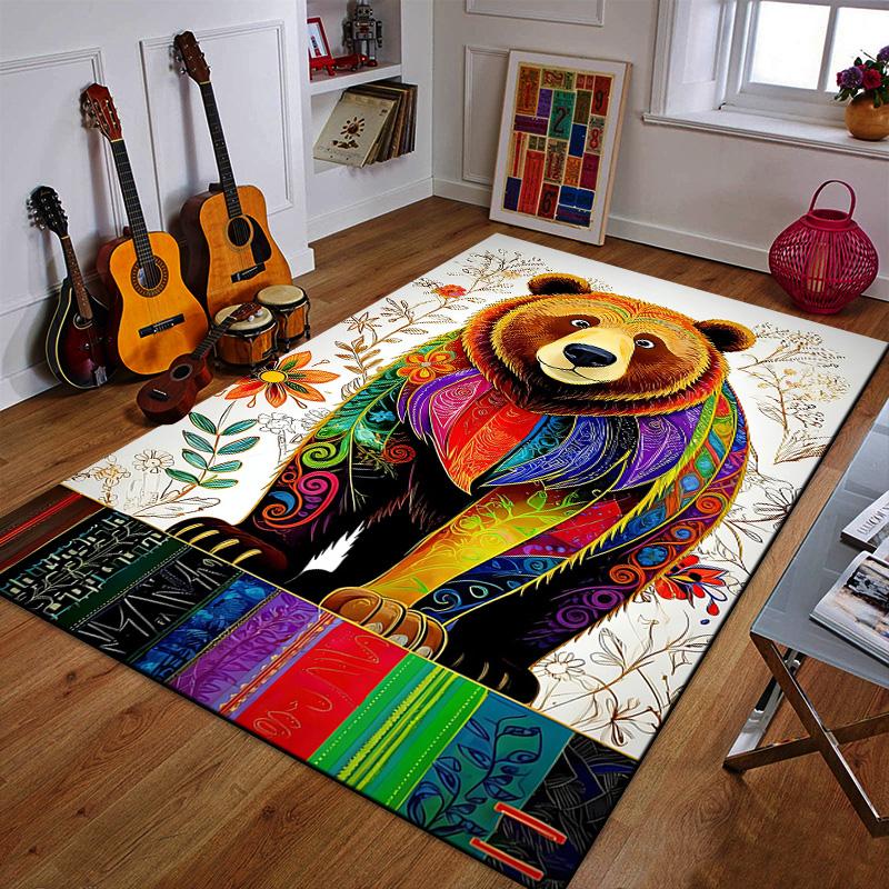 Colorful Bear with Floral Background Patterned carpet a non slip rug suitable for all seasons and any setting, gift