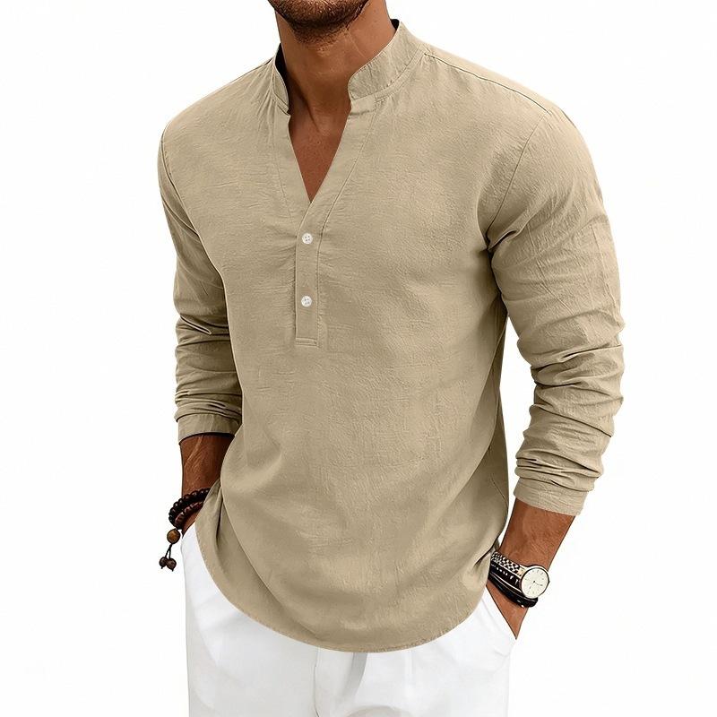 Nueva Colección de Lino de Otoño: Camisa Henley Casual para Hombre, de Corte Holgado y Transpirable, con Cuello en V