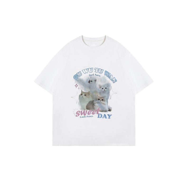 Oversized T Shirt Black Cute Cats And Stars Graphic Print Sweet Day Luck Fairy Text Design For Casual Wear Summer Outfits Streetwear Fashion
