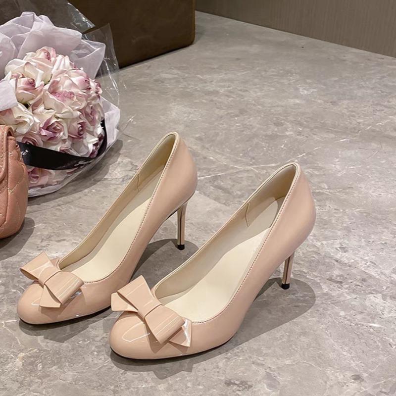

Temperament High-heeled Shoes Women s Summer New Round Head Bow Knot Slip-on Wear-resistant Single Shoes 34