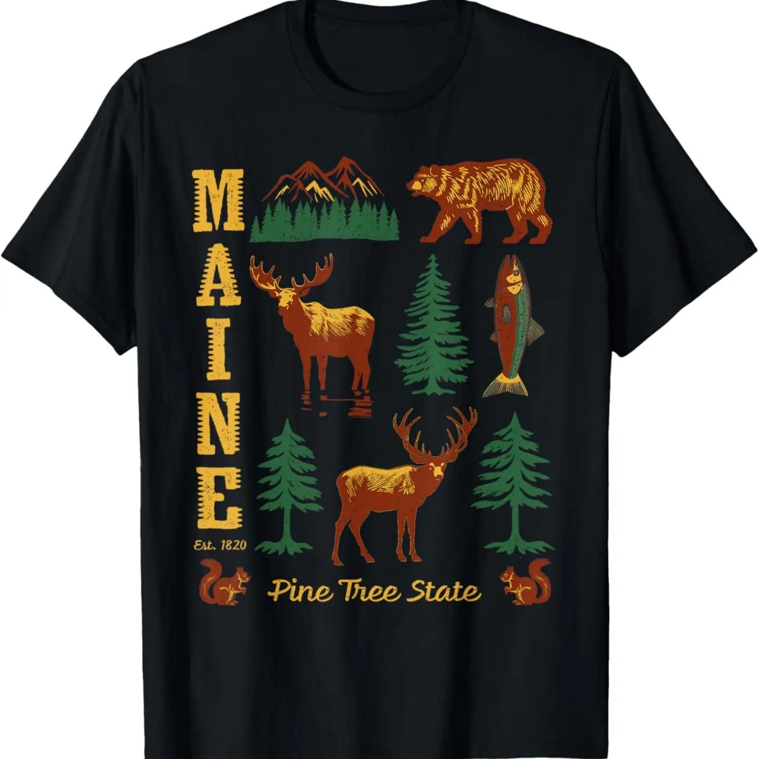 Maine Vintage-look Bear Moose Trees Deer Retro Souvenir T-Shirt S