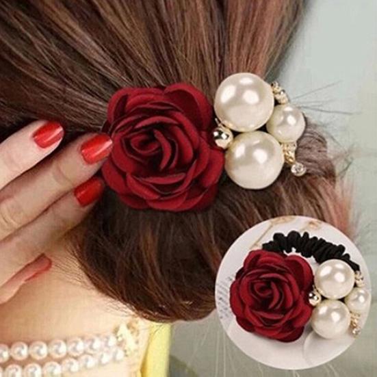 Women Satin Ribbon Rose Hairband Elastic Hair Ties Band Rope Ponytail Holder