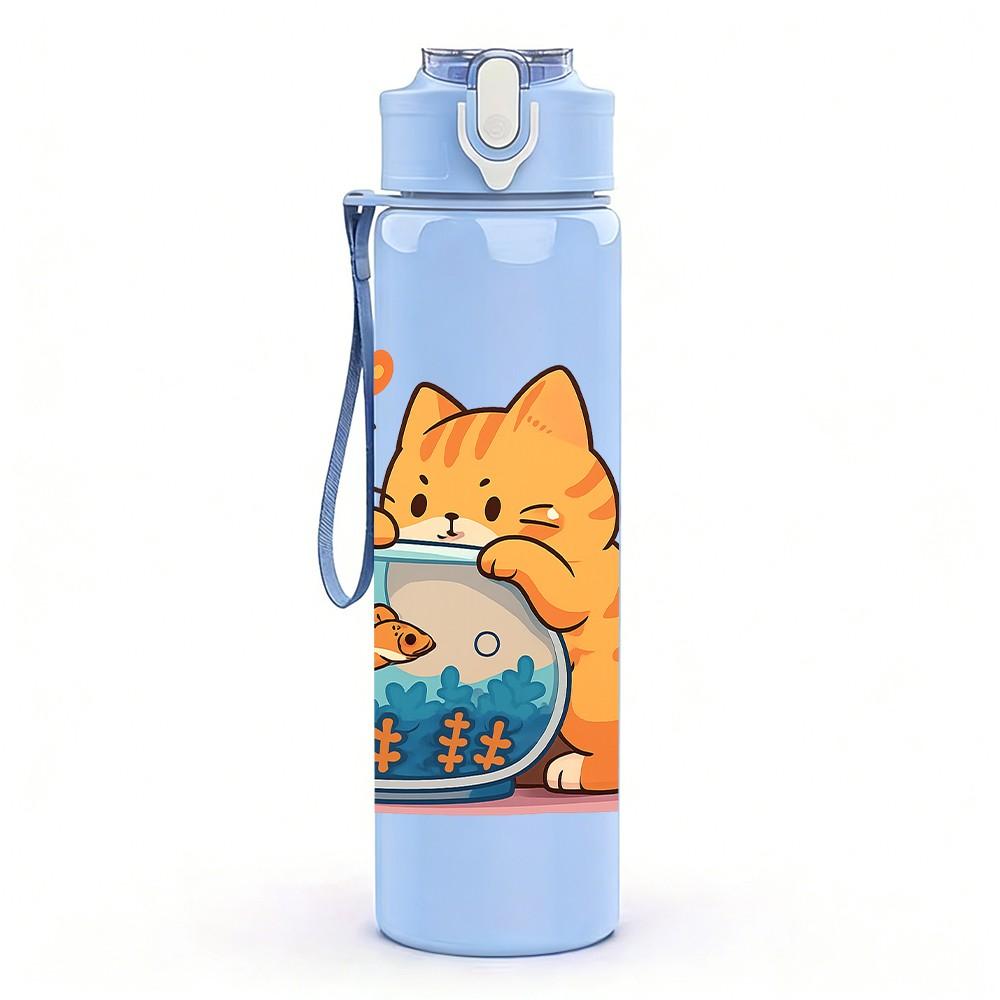 1PC Kitty Fish Bowl Print 750ml Color Plastic Sports Water Bottle Leakproof Flip Straw Lid Suitable for Sports Office Home Use