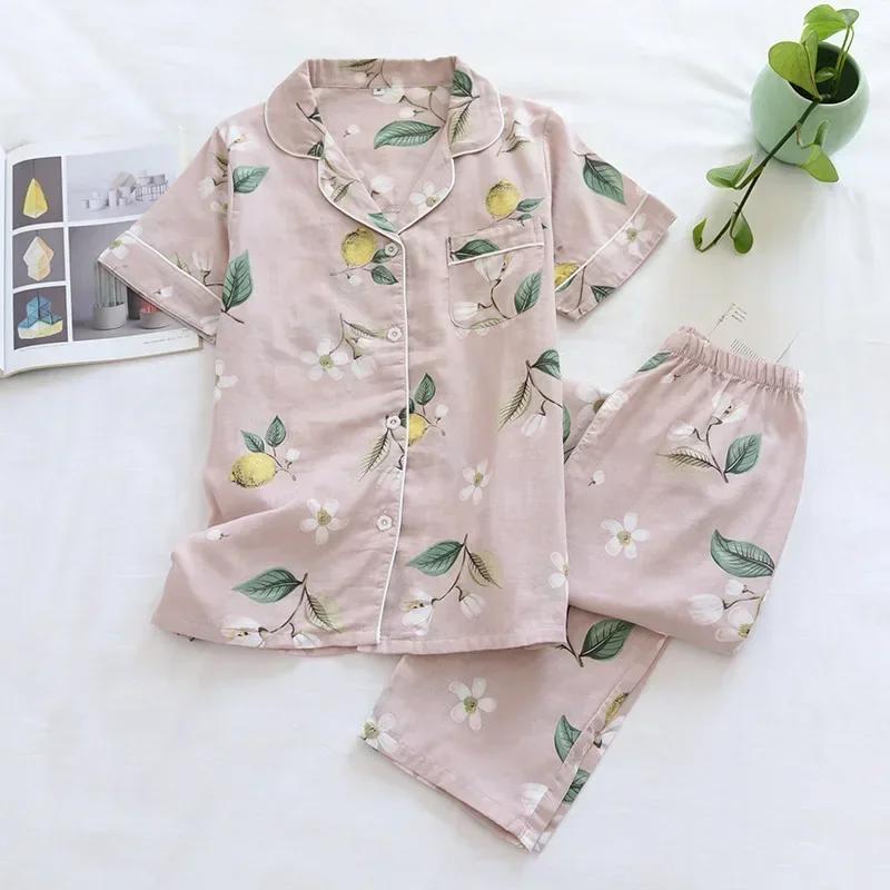 New Spring and Summer Pajamas Two-piece 100% Cotton Gauze Women's Short-sleeved Trousers Home Service Suit Cute and Thin