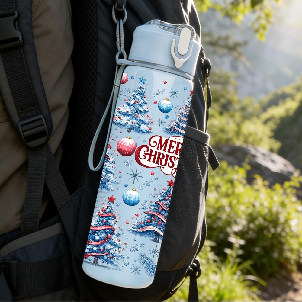1PC Blue Snow Pine Christmas Tree 750ml Color Plastic Sports Water Bottle Leakproof Flip Straw Lid Suitable for Sports Office Home Use