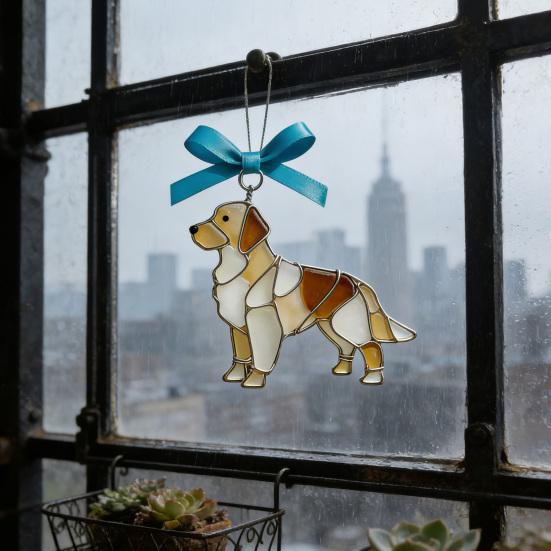 Colorful Dog Acrylic Suncatcher Stained Glass Corgi/Bulldog/Chihuahua Ornament Window Christmas Tree Hanging Decor with Bow Holiday Gift for Dogs