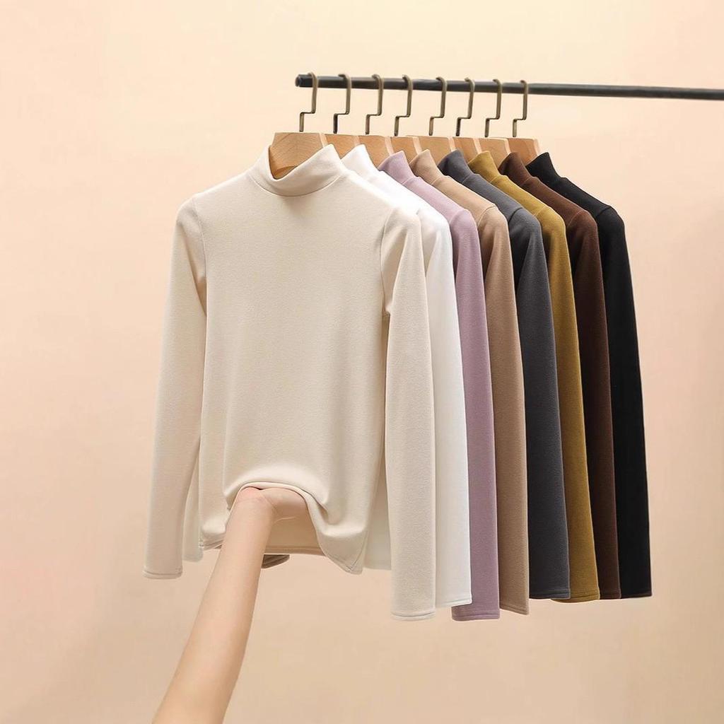 Women's Double-Sided Velvet Slim-Fit Long Sleeve Top - Pure Color, Ideal for Autumn and Winter