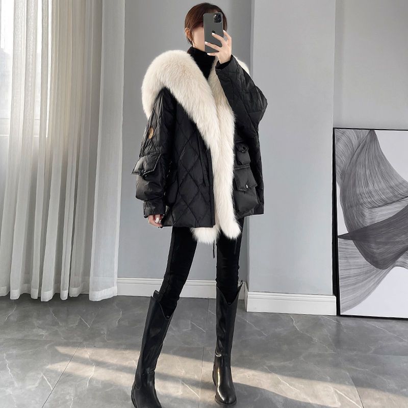 European and American new navy collar fur imitation fox hair medium and long down cotton jacket women's winter tide