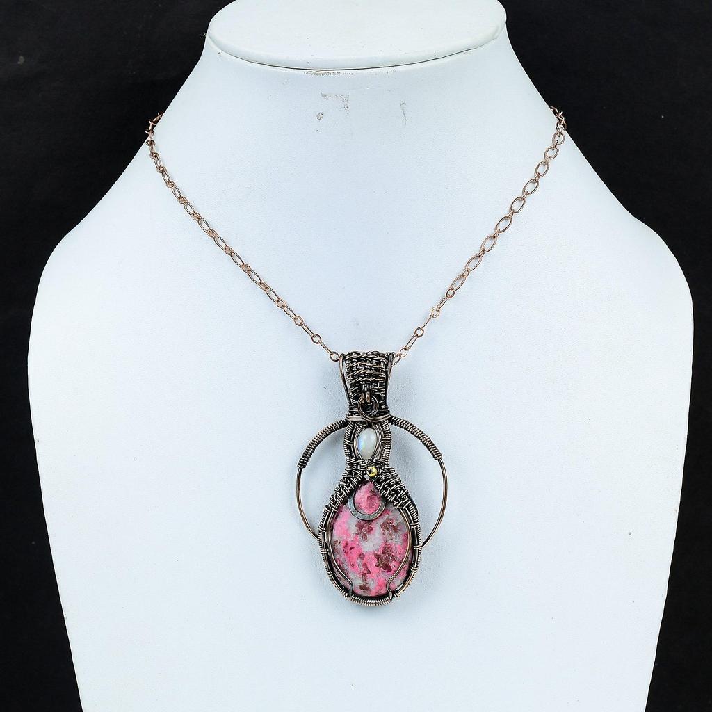 Rosa Thulit & Mondstein Edelstein Handgefertigter Kupferdraht Wickel Schmuck Anhänger für Frauen