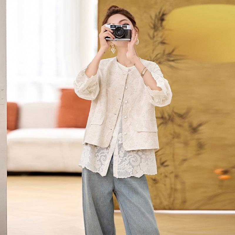 Spring 2025 New Chinese Cotton-Linen Jacquard Vest and Lace Blouse Two-Piece Set