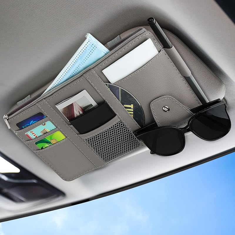 Car Sun Visor Organizer, Leather Pocket Organizer Sunglass Holder For Car Interior Accessories With Multi-Pocket Net Zipper (Beige)