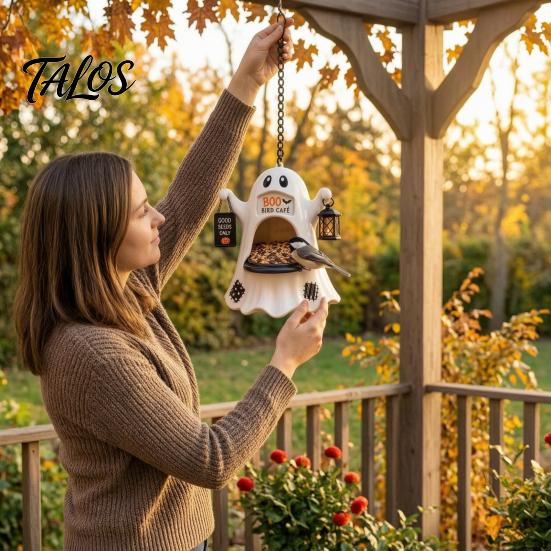 Holiday Garden Pendant Halloween Ghost Bird Feeder, Outdoor Hanging Big Mouth Wild Feeding Decor Station, Spooky Resin Statue for Outside Backyard