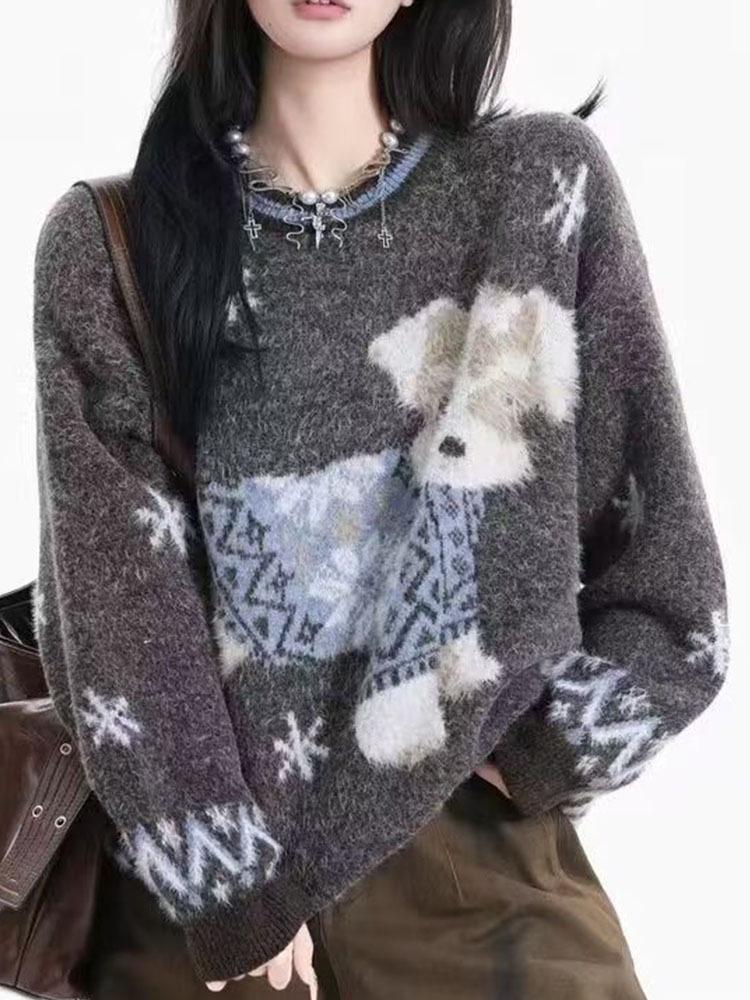 Unisex Retro Cartoon Embroidered Thick Fair Isle Sweater for 2026 - Puppy Mink Jacquard Design