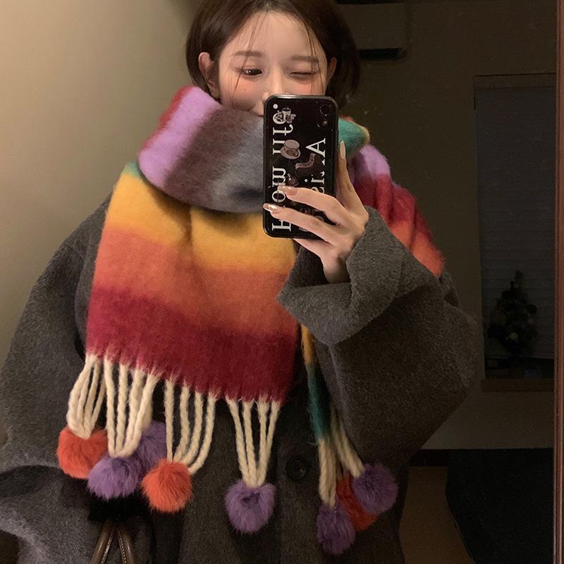 Wind Dopamine Color Stripe Hanging Ball Scarf Warm Student Premium Versatile Scarf