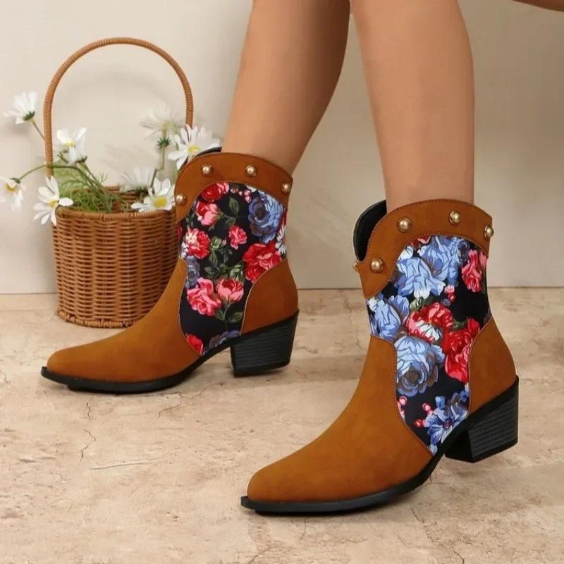 2024 Hot Sale Women's Shoes Slip-on Women's Boots Fashion Printing Modern Boots Women Sexy Pointed Toe Rivet Mid-Calf Boots