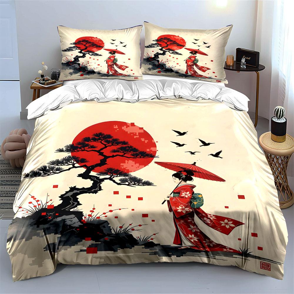 Red Sun, Elegant Kimono Lady Print Bedding Set 1 Duvet Cover 2 Pillowcases for Adult and Children Luxury Gift Full Size
