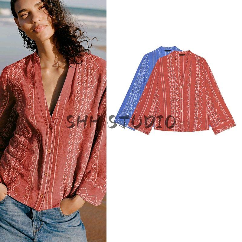 Spring and Summer New Women's Clothing Vacation Style Decorated Row Button Contrast Color Embroidered V-neck Long Sleeves Casual Shirt 8351042