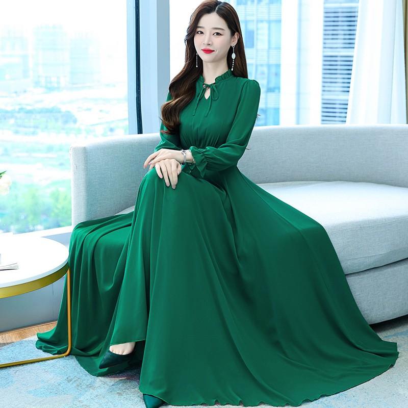 Women's Spring Summer and Autumn Four Seasons Models of Solid-coloured Tie Waist Thin Temperament Chiffon Swing Dress Long-sleeved Dresses