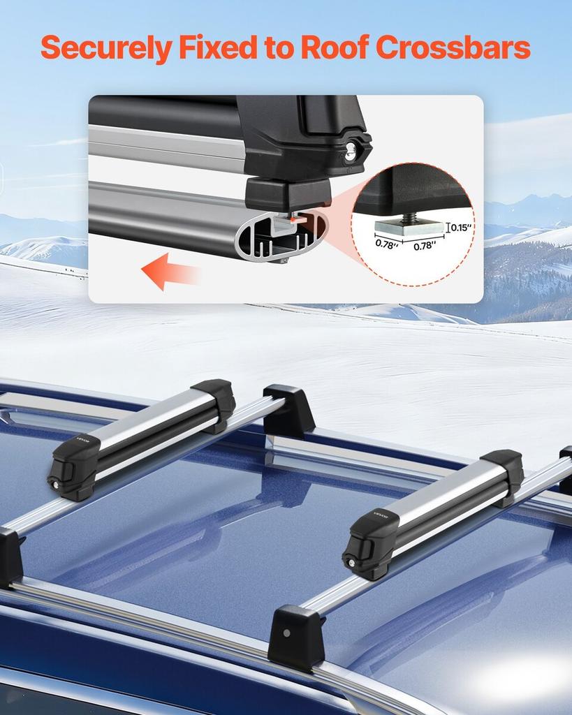 Ski & Snowboard Roof Rack, Carry up to 4 Pairs of Skis or 2 Snowboards, 2 PCS Aluminum Universal Car Roof Rack with Lock & Rubber Padding, Carrier for