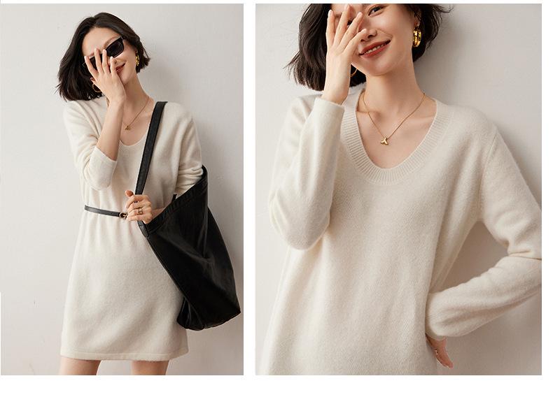 Cashmere Knit U-Neck Mid-Length Sweater Dress - Autumn/Winter Loose Fit Japanese Style.