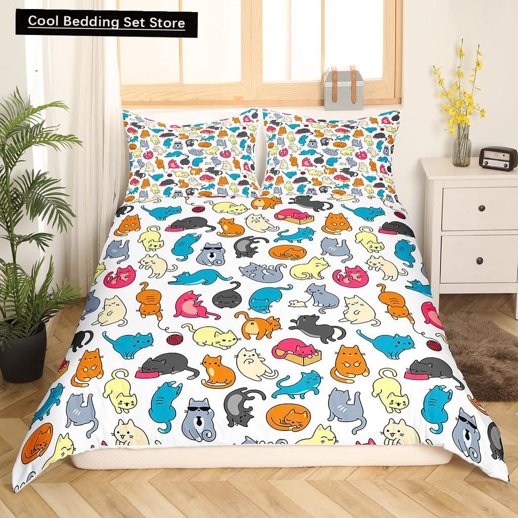 Cute Cat King Queen Duvet Cover Kitten Bedding Set Purple Floral Butterflies Polyester Quilt Cover Pet Animal Comforter Cover