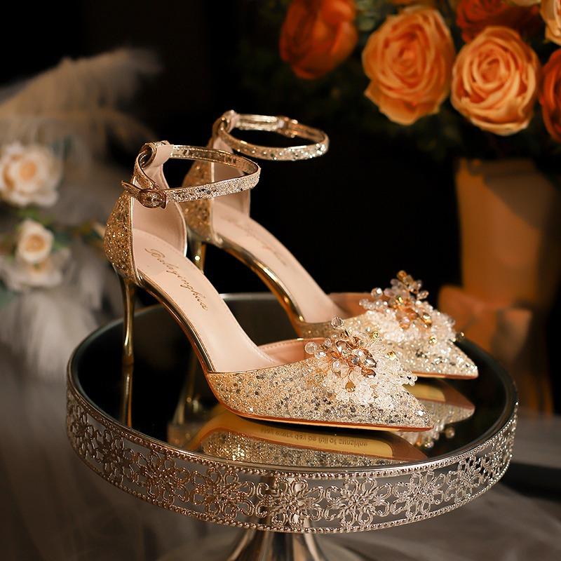 High heels women's summer 2025 new beautiful one-word strap with skirt wedding shoes pointed thin heel light mouth sandals women