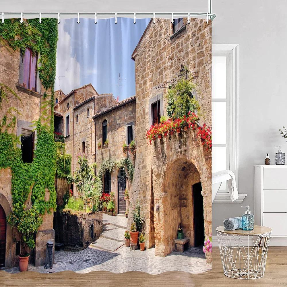 Vintage European Style Street View Shower Curtain Street View Old Stone Wall Plant Bathroom Curtain Bath Decoration