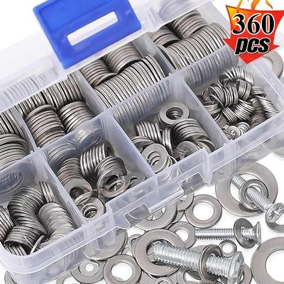 Conjunto de Arruelas de Aço Inoxidável 360/180/80 Peças M2-M10 Anéis O de Metal Fixadores Juntas Para Parafusos Parafusos Kits de Sortimento Arruelas de Ferragens