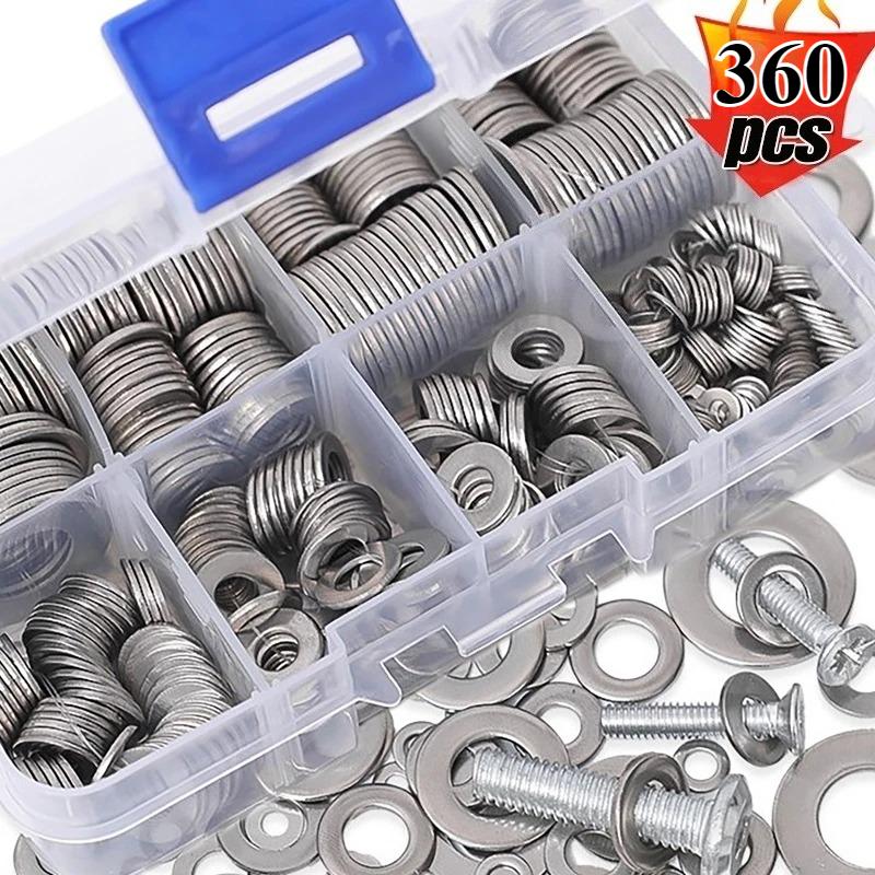 360/180/80PCS Stainless Steel Washer Set M2-M10 Metal O Rings Fasteners Gaskets For Screws Bolts Assortment Kits Hardware Washers