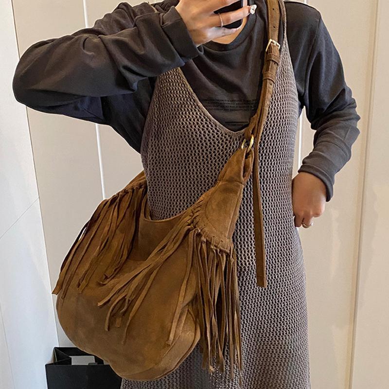 Large Capacity Frosted Tassel Shoulder Bag Faux Suede Fringe Underarm Bag Travel Tote Handbag Female Shopping Bag