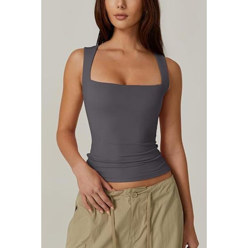 Summer Women's Square Neck Sleeveless Double Tank Top Basic Skinny T-Shirt