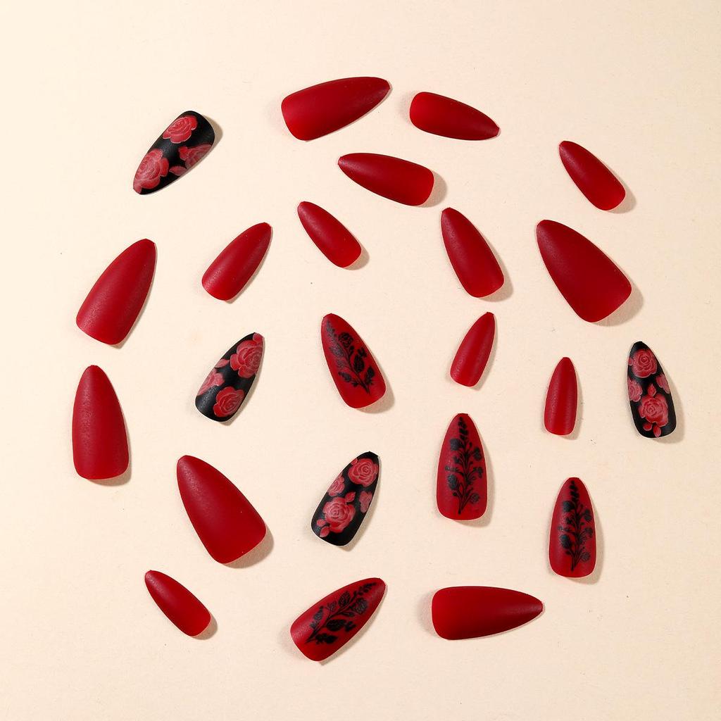 Almond Shaped Claret Rose Print Removable Fake Nail Art Patches