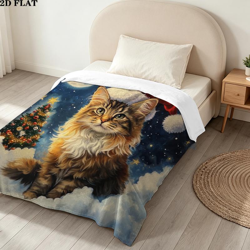 Christmas cat Printed Flannel Blanket, soft throw for bedroom sofa, washable, Christmas present, great gift.