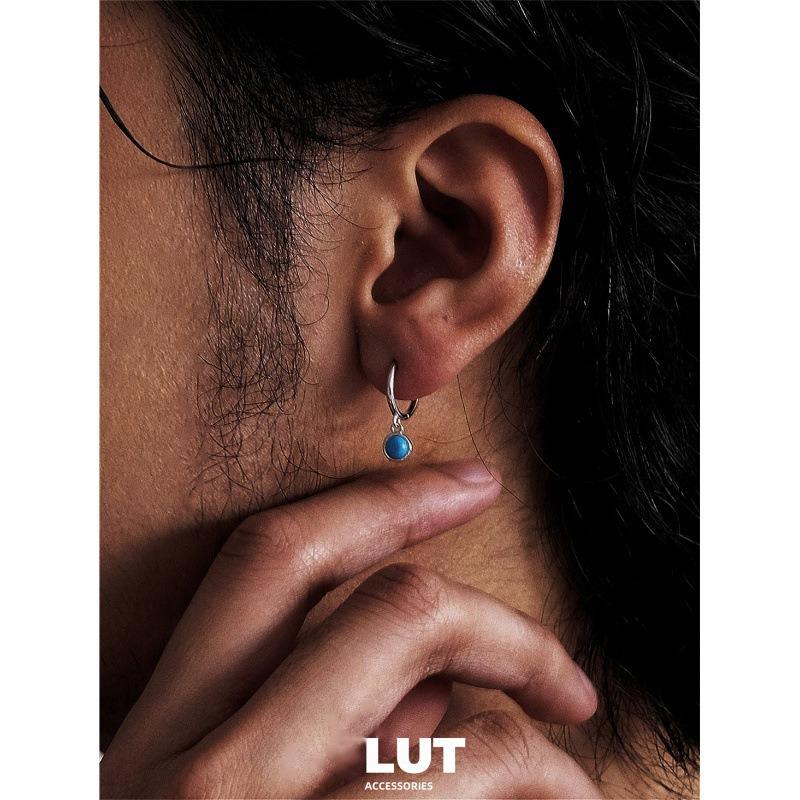 Original Turquoise Teardrop Earrings: S925 Silver, Oxidized Retro Dangle for Men, Trendy High Street Ear Cuffs